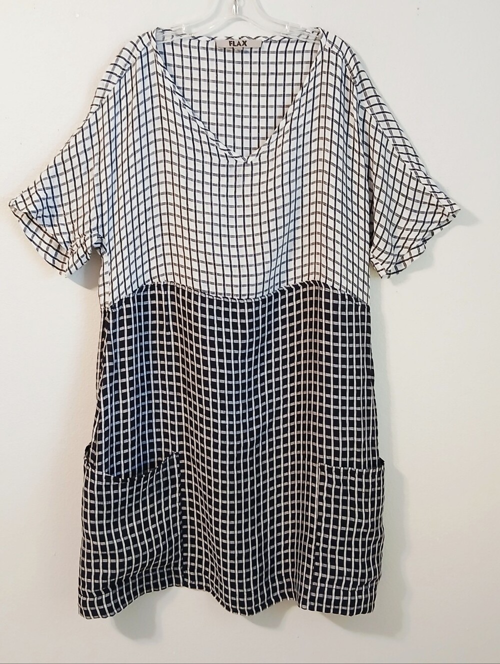 FLAX 100% LINEN Lagenlook Checkered Black And White Short Sleeve Midi Dress